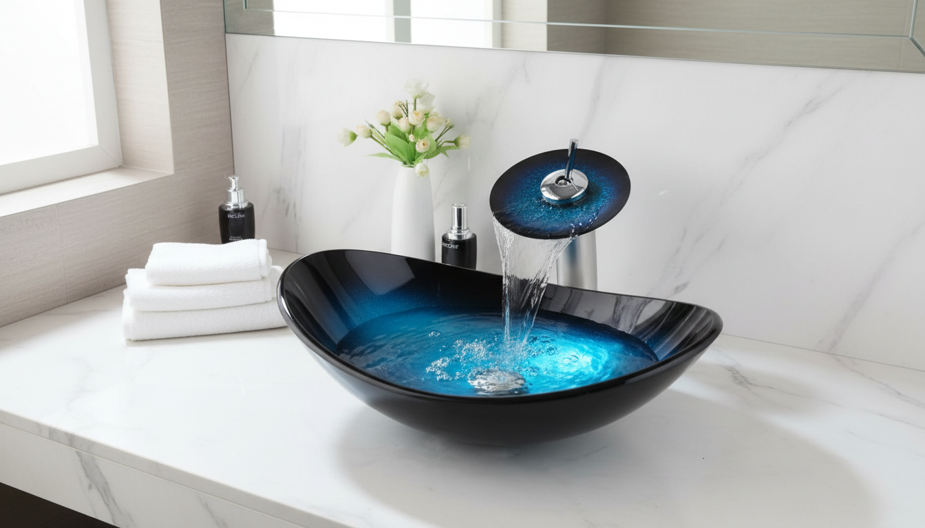 Spa-Look Tempered Glass Oval Basin + Waterfall Faucet